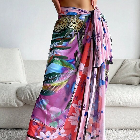 Multicolor Women's Tropical Print Knot Side Cover Up Skirt - Picture 1 of 6